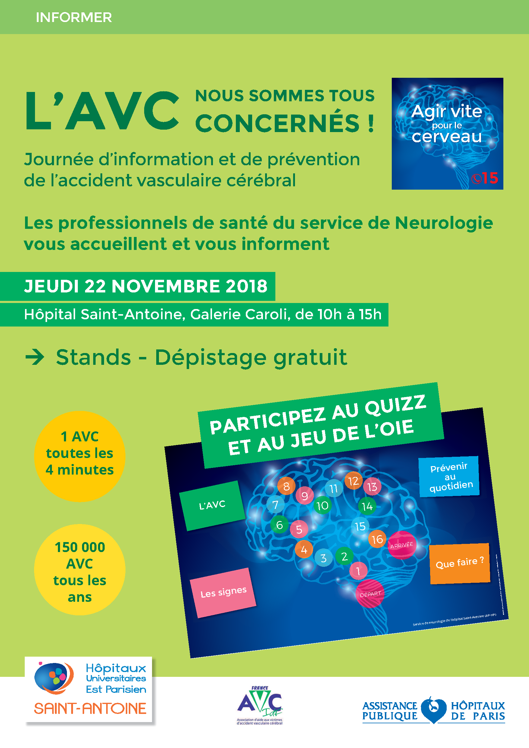 22 novembre 2018 : journée d'information et de prévention de l'accident vasculaire cérébral à l'hôpital Saint-Antoine